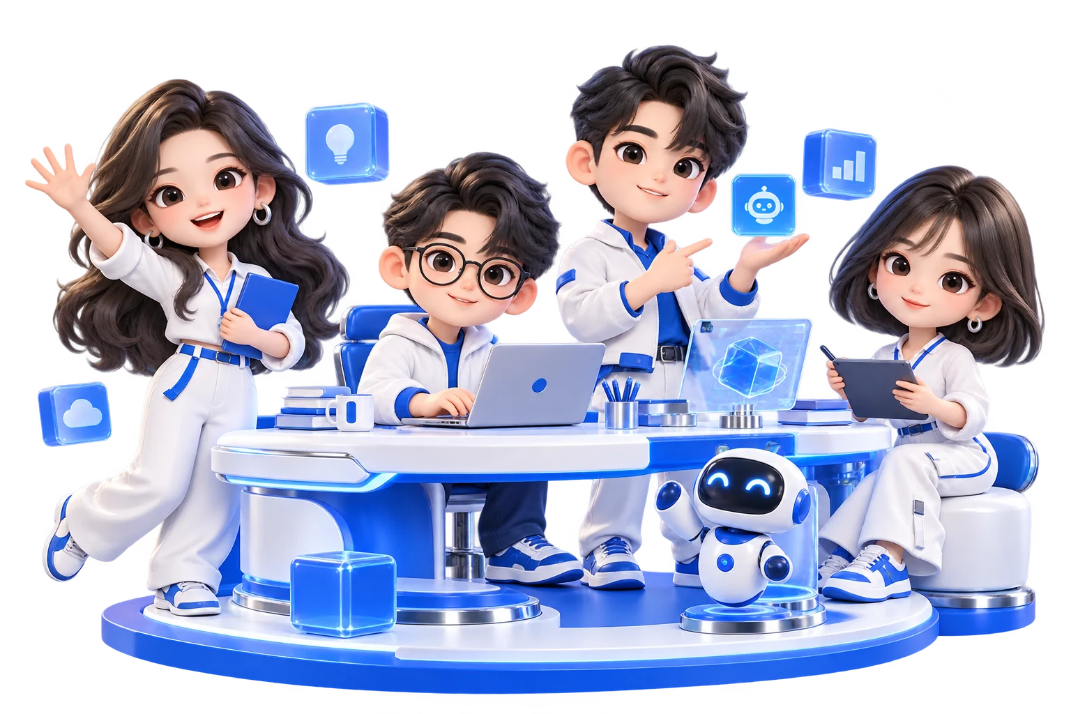 네 명의 치비 메이커와 작은 AI 로봇이 함께하는 블루 미래 작업실